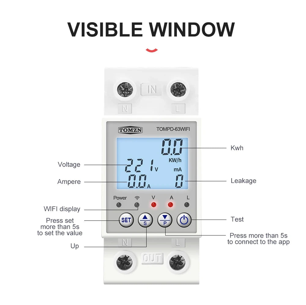 TOMPD-63 WFI switch 63A smartlife TUYA Circuit breaker Energy Meter Metering Timer with voltage current and leakage protection