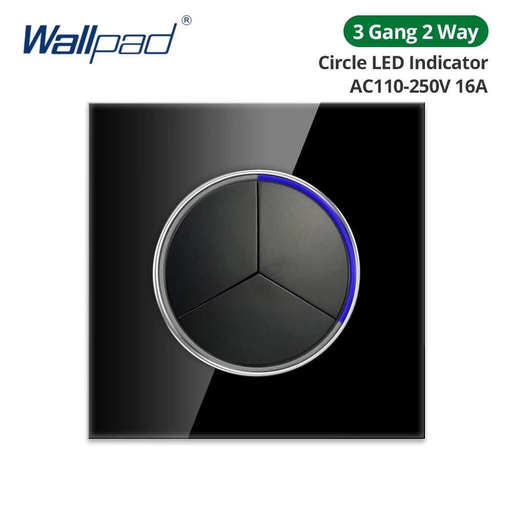 Wallpad Black Glass Panel With Large Circle Blue LED Indicator Wall Light Switch and Socket Round Button Electric Outlet