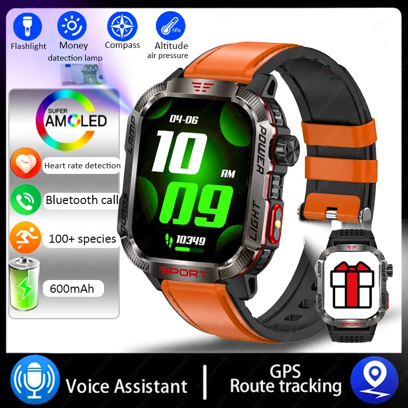 New Military Sports Smartwatch Men Flashlight Compass Altitude Pressure Fitness Waterproof Bluetooth Talk Check Bill Smartwatch