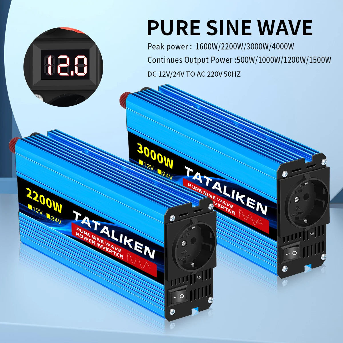 3000W Pure Sine Wave Power Inverter 12V to 230V 240V Car Converter Adapter with EU Outlets and Cooling Fan