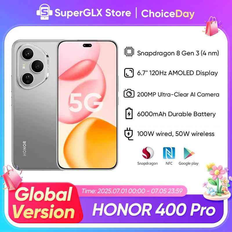 2025 HONOR 400 Pro Global Version 5G Smartphone Snapdragon 8 Gen 3 120Hz 6.7" AMOLED Display 200MP Camera 100W SuperCharge NFC