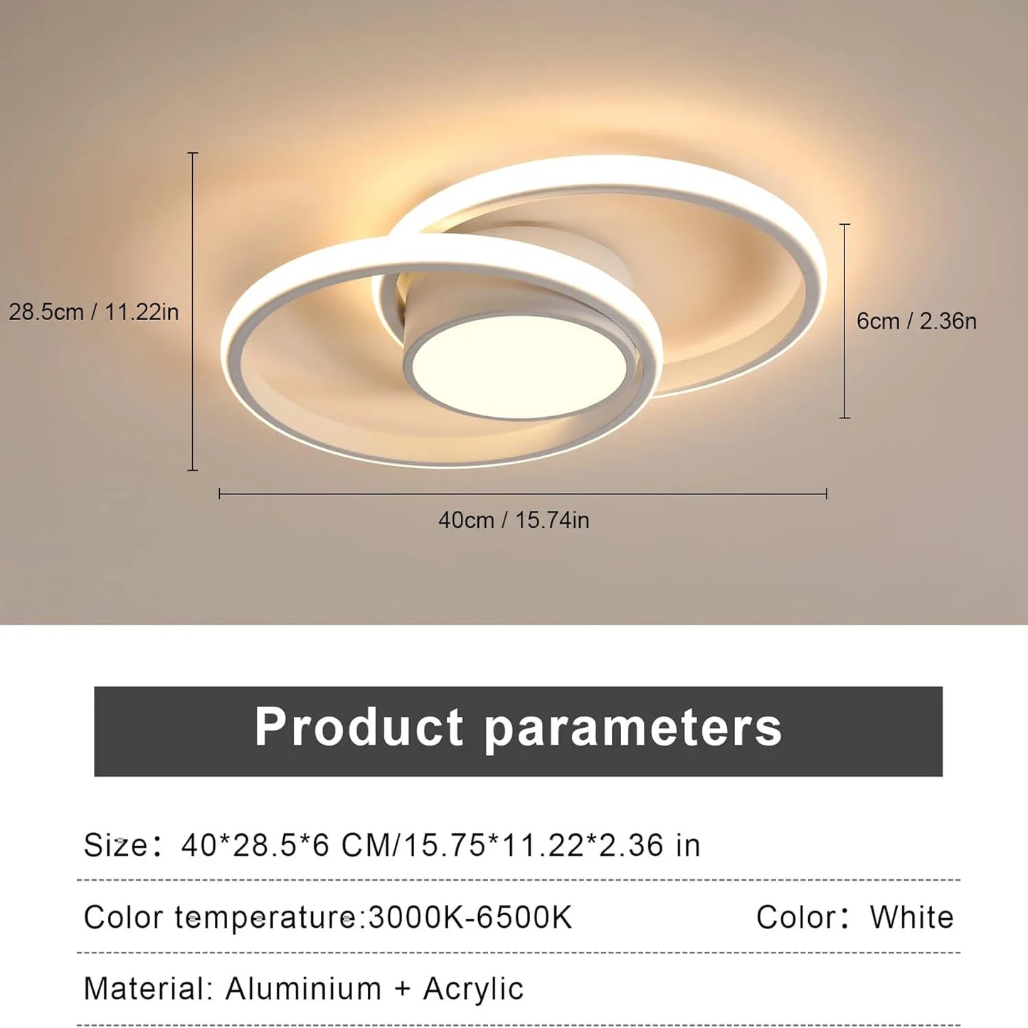 Dimmable LED Ceiling Light,Modern Ceiling Lamp with Remote Control 40W,Round Metal and Acrylic Ceiling LED Light(3000K-6500K)