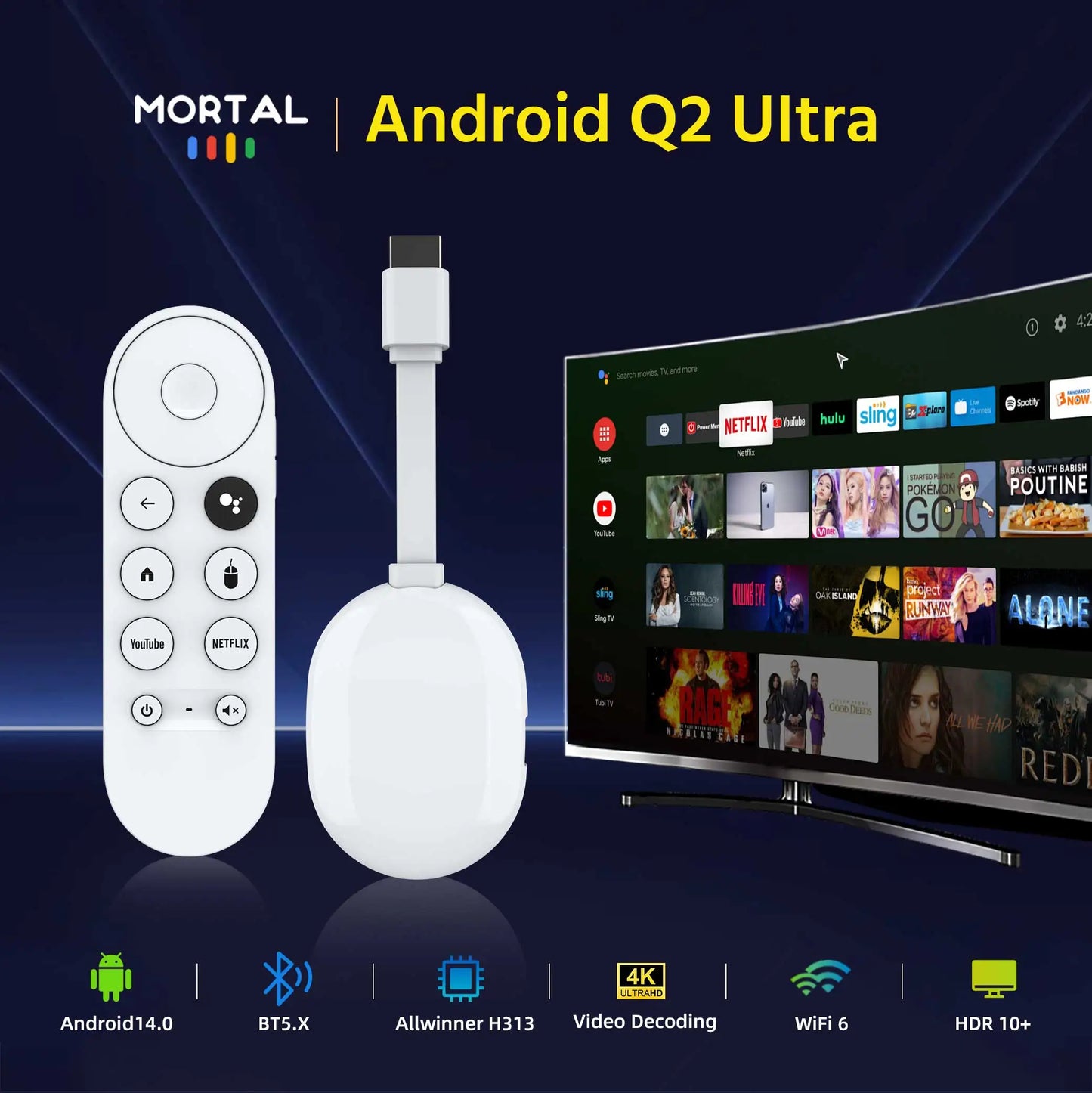 New Mortal Android 14.0 BT5.X 4k Smart TV Stick Q2 Ultra Allwinner H313 2GB RAM 16GB ROM Q2 Ultra TV Stick Dual Wifi 6 TV Dongle
