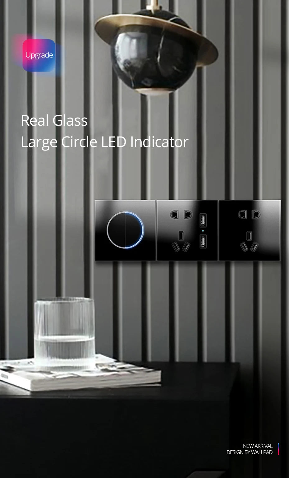 Wallpad Black Glass Panel With Large Circle Blue LED Indicator Wall Light Switch and Socket Round Button Electric Outlet