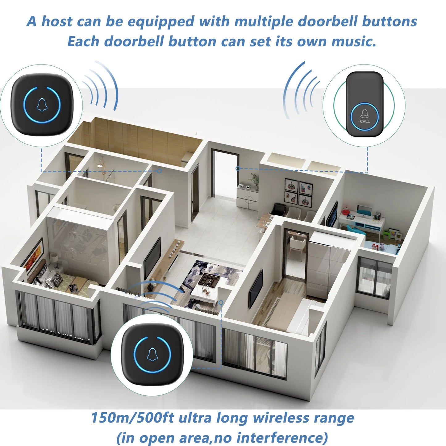 Wireless Doorbell Intelligent Welcome Door Bell 300M/984 FT Remote 60 Songs Melodies Home Smart Doorbell US EU Plug Optional