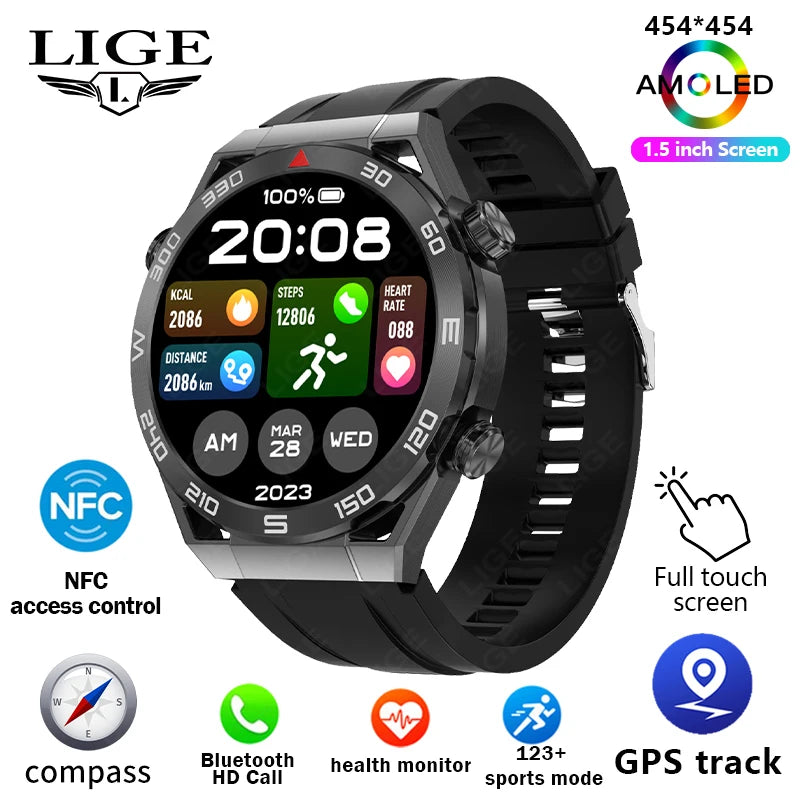LIGE GPS Smart Watch Men 454*454 HD resolution Voice Calling NFC Watches Compass IP68 Waterproof ECG+PPG Smartwatch For Huawei