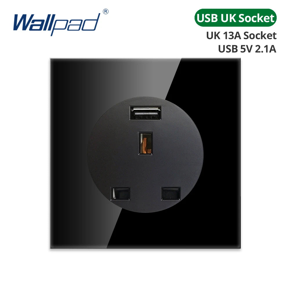 Wallpad Black Glass Panel With Large Circle Blue LED Indicator Wall Light Switch and Socket Round Button Electric Outlet