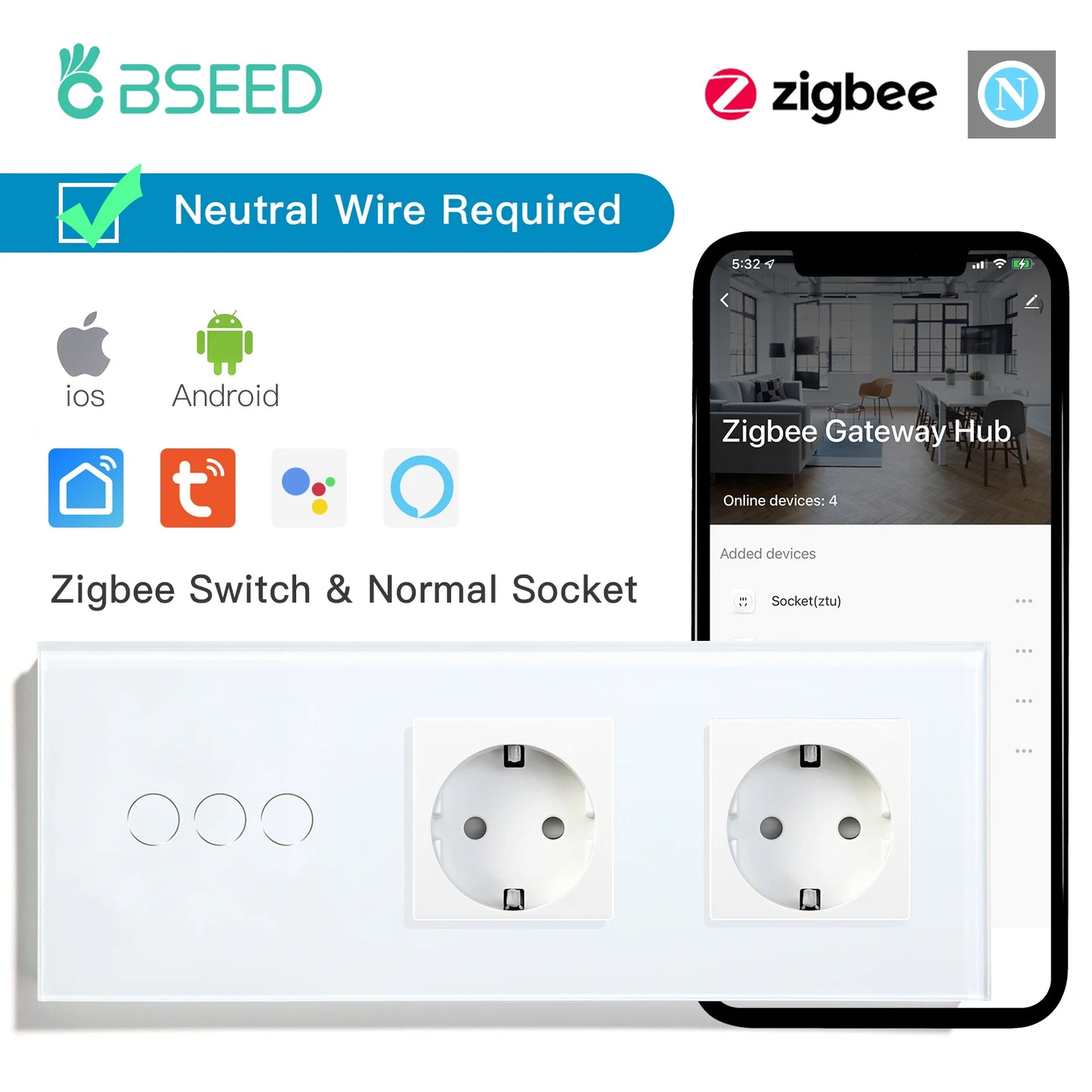 BSEED Zigbee 1/2/3Gang Touch Light Switches 1/2/3Way Tuya Smart Life Alice App Control Plus Normal EU Sockets Neutral Required