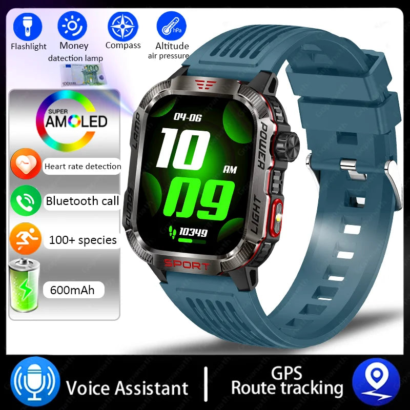 New Military Sports Smartwatch Men Flashlight Compass Altitude Pressure Fitness Waterproof Bluetooth Talk Check Bill Smartwatch