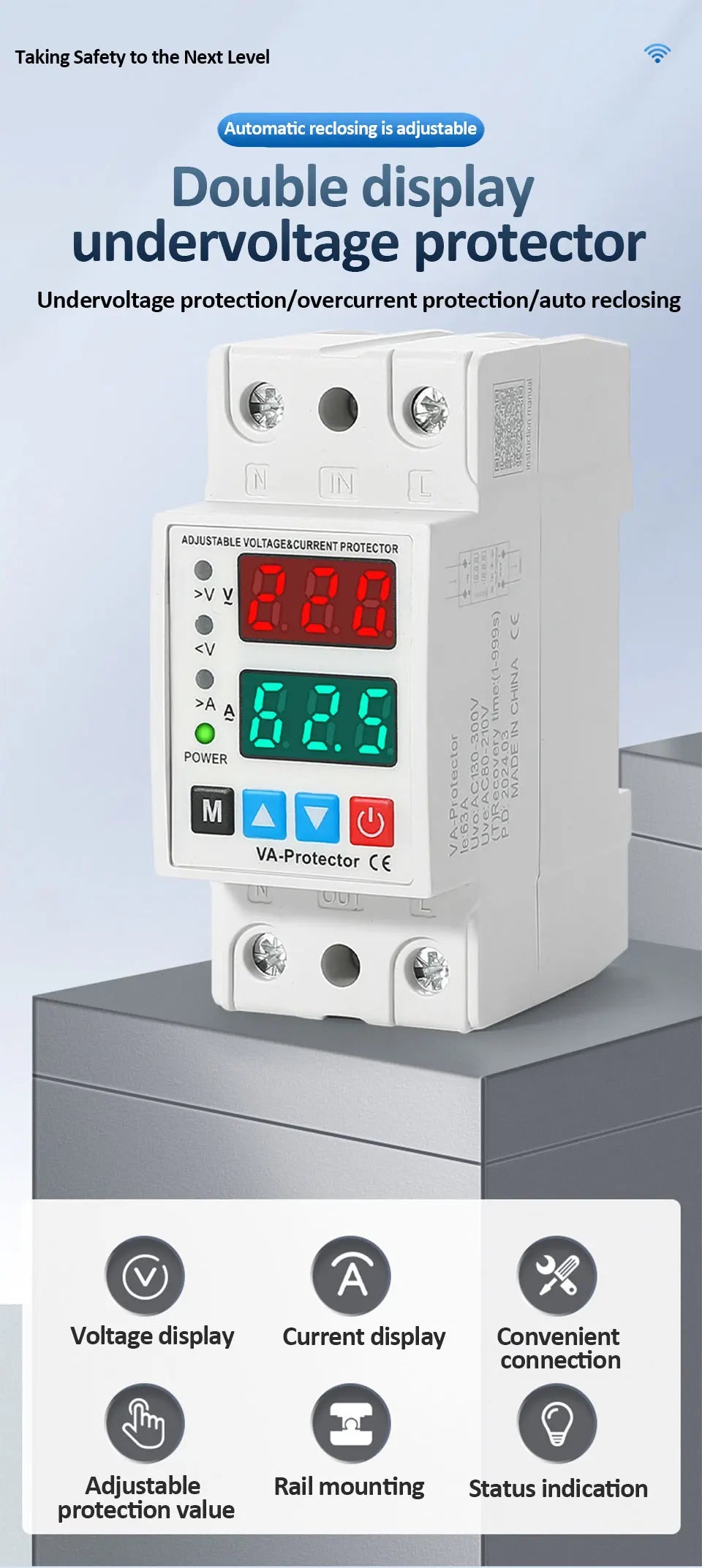 40A/63A 220V Din Rail Dual Display Adjustable Over Voltage Current and Under Voltage Protective Device Protector Relay