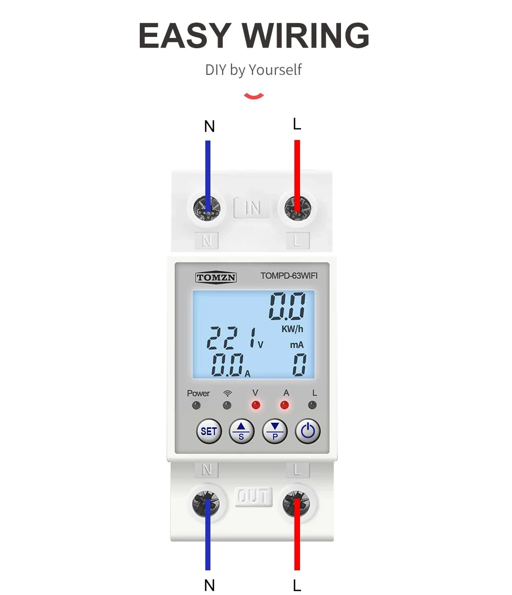 TOMPD-63 WFI switch 63A smartlife TUYA Circuit breaker Energy Meter Metering Timer with voltage current and leakage protection