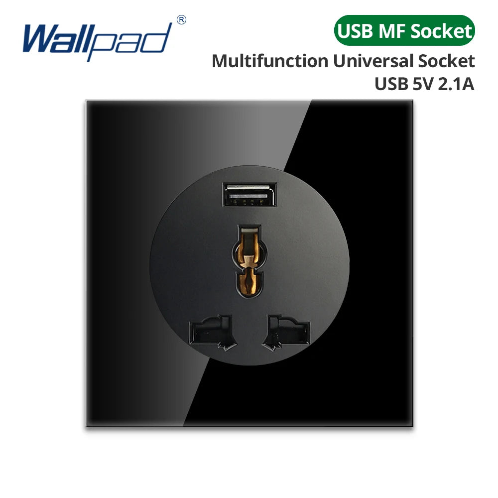 Wallpad Black Glass Panel With Large Circle Blue LED Indicator Wall Light Switch and Socket Round Button Electric Outlet
