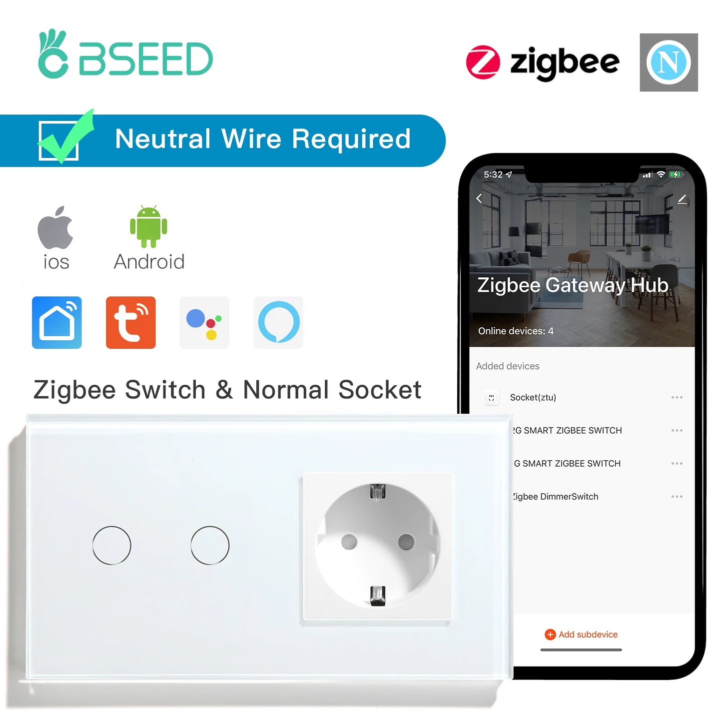 BSEED Zigbee 1/2/3Gang Touch Light Switches 1/2/3Way Tuya Smart Life Alice App Control Plus Normal EU Sockets Neutral Required