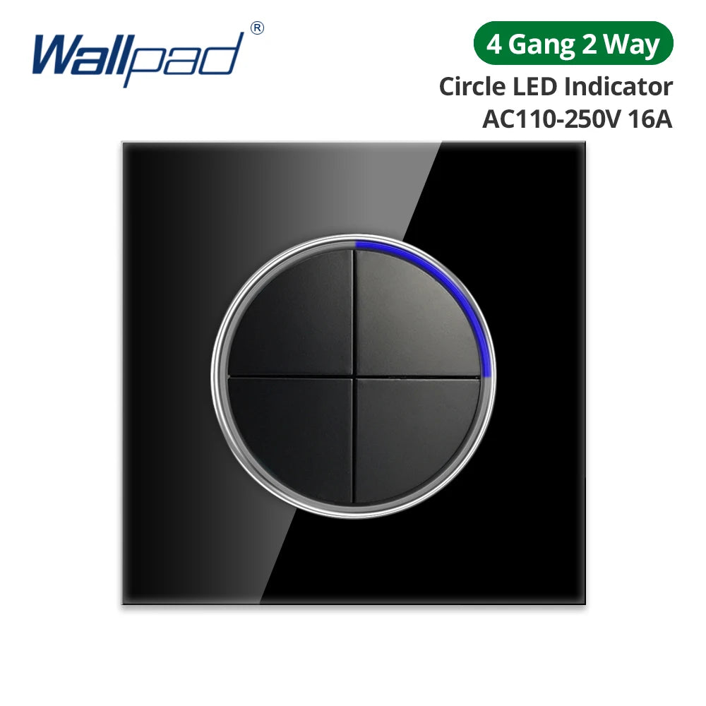 Wallpad Black Glass Panel With Large Circle Blue LED Indicator Wall Light Switch and Socket Round Button Electric Outlet