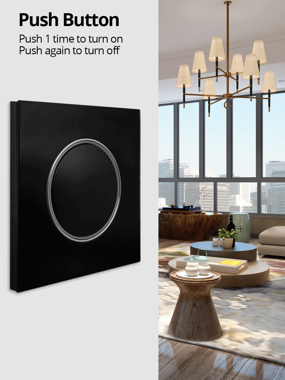 Wallpad Black Glass Panel With Large Circle Blue LED Indicator Wall Light Switch and Socket Round Button Electric Outlet