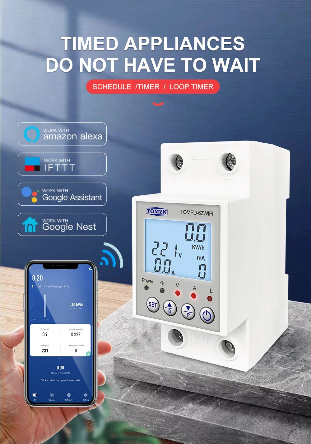 TOMPD-63 WFI switch 63A smartlife TUYA Circuit breaker Energy Meter Metering Timer with voltage current and leakage protection