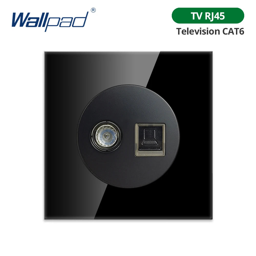 Wallpad Black Glass Panel With Large Circle Blue LED Indicator Wall Light Switch and Socket Round Button Electric Outlet