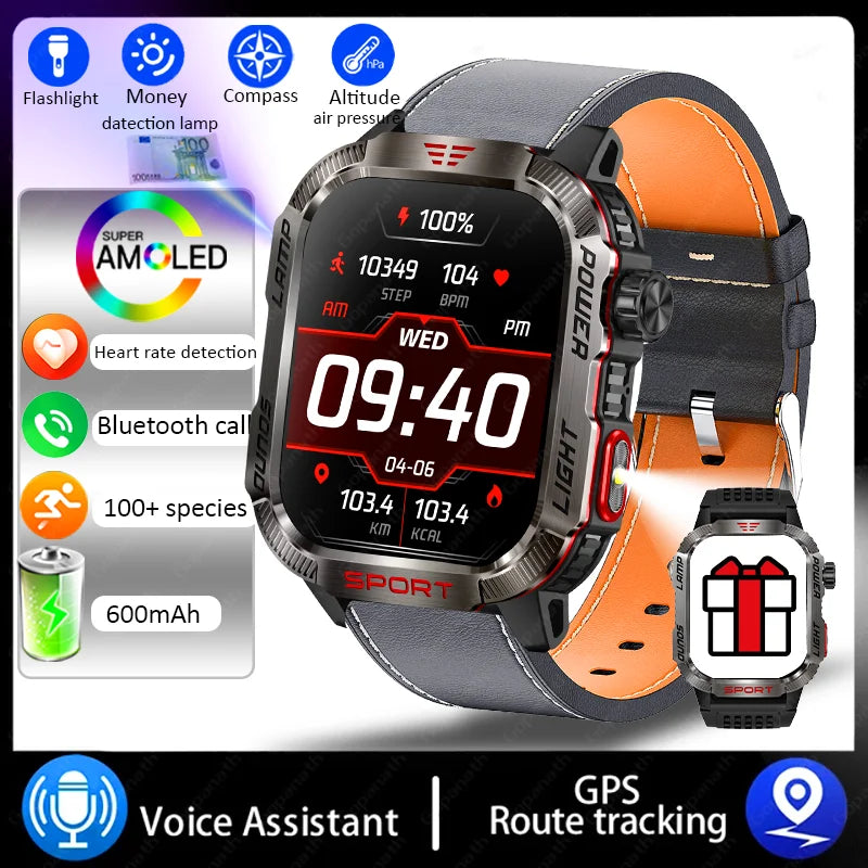 New Military Sports Smartwatch Men Flashlight Compass Altitude Pressure Fitness Waterproof Bluetooth Talk Check Bill Smartwatch