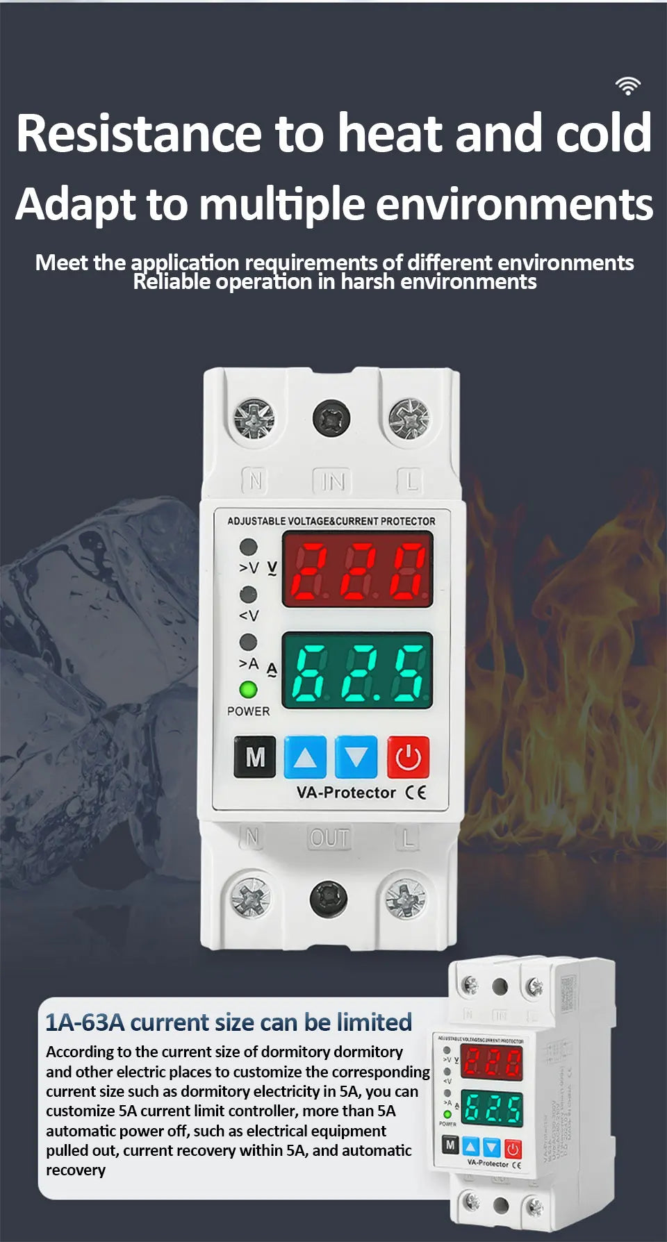 40A/63A 220V Din Rail Dual Display Adjustable Over Voltage Current and Under Voltage Protective Device Protector Relay