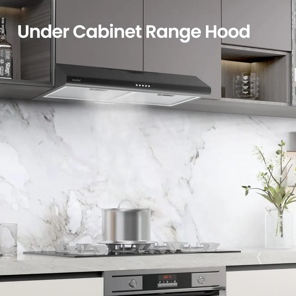 Range Hood 30inch,Under Cabinet Ducted/Ductless Convertible Slim Vent Hood,Stainless Steel,3 Speed Exhaust Fan and 2 LED Lights