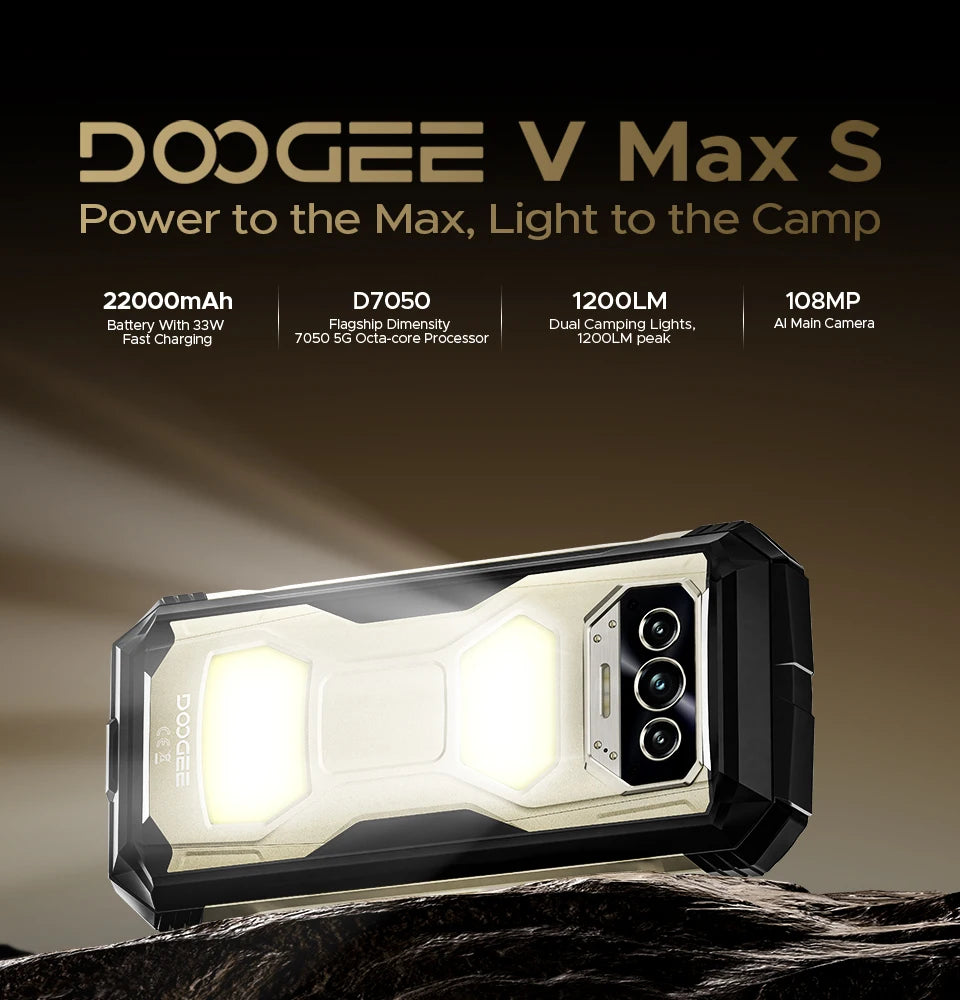 Global Version DOOGEE V Max S 5G Rugged Phone 24GB(8+16) 256GB 6.58" 120Hz 22000mAh Battery 108MP Camera Dual Camping Lights