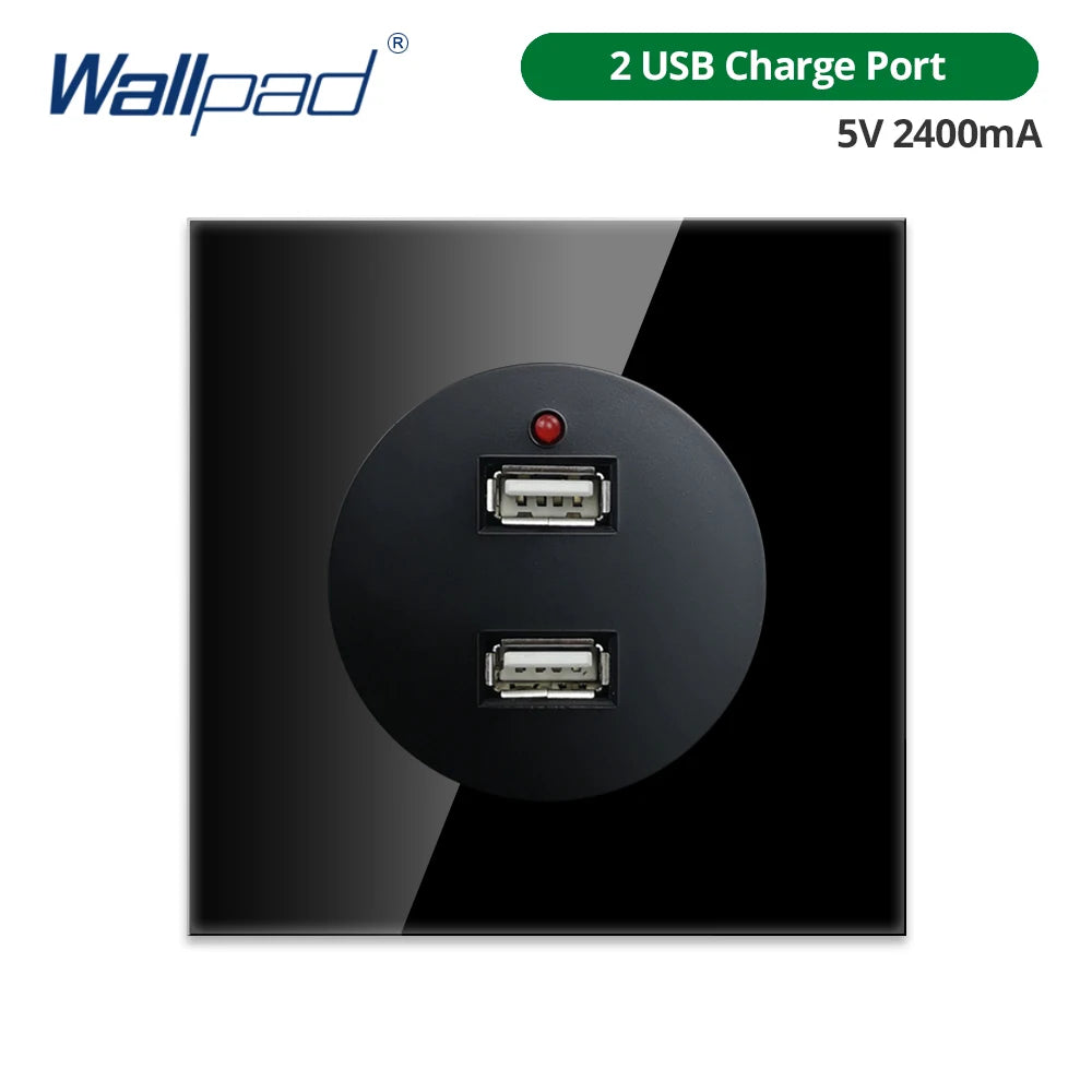 Wallpad Black Glass Panel With Large Circle Blue LED Indicator Wall Light Switch and Socket Round Button Electric Outlet