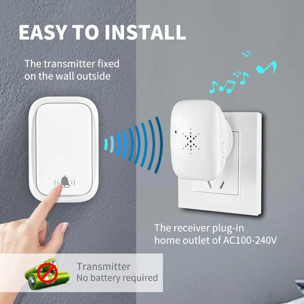 Lunzo No Battery Self Powered Wireless Doorbell US/UK/EU Plug 38 Ringtones Outdoor Waterproof 150m Range Kinetic Door Bell