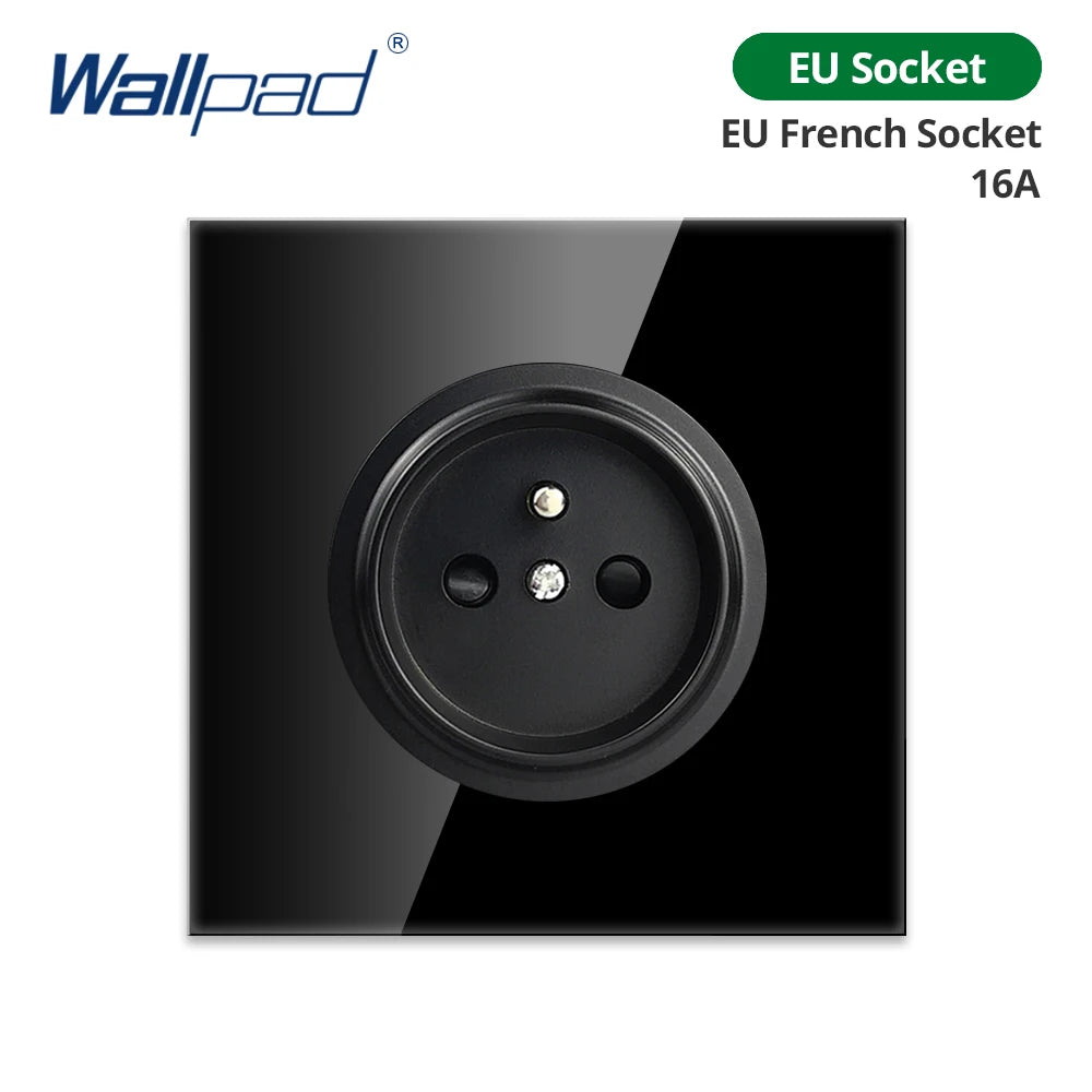Wallpad Black Glass Panel With Large Circle Blue LED Indicator Wall Light Switch and Socket Round Button Electric Outlet