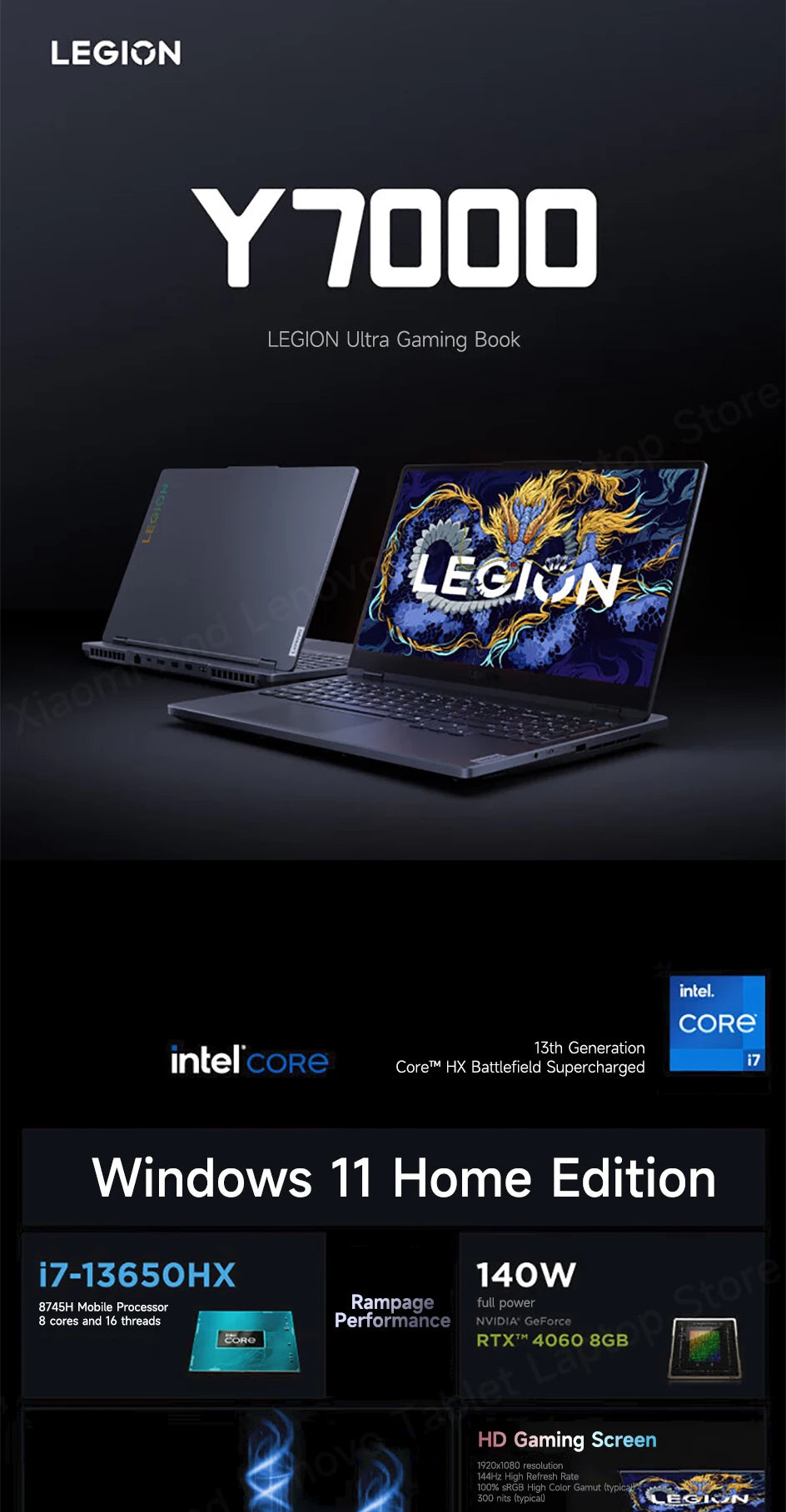 Lenovo laptop Legion Y7000 15.6"144Hz Gaming laptop Intel Core i7-13650HX 24/32GB DDR5 RAM 512GB/1TB/2TB SSD RTX4060 Notebook PC