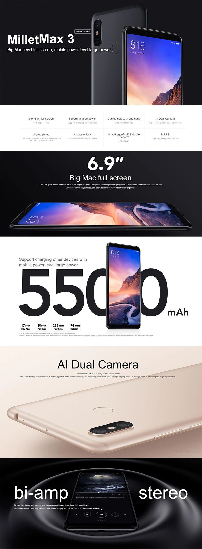 Xiaomi Max 3 Snapdragon 636 Smartphone 6.9 inch Big Screen 12MP Bluetooth 5.0 Androidused phone