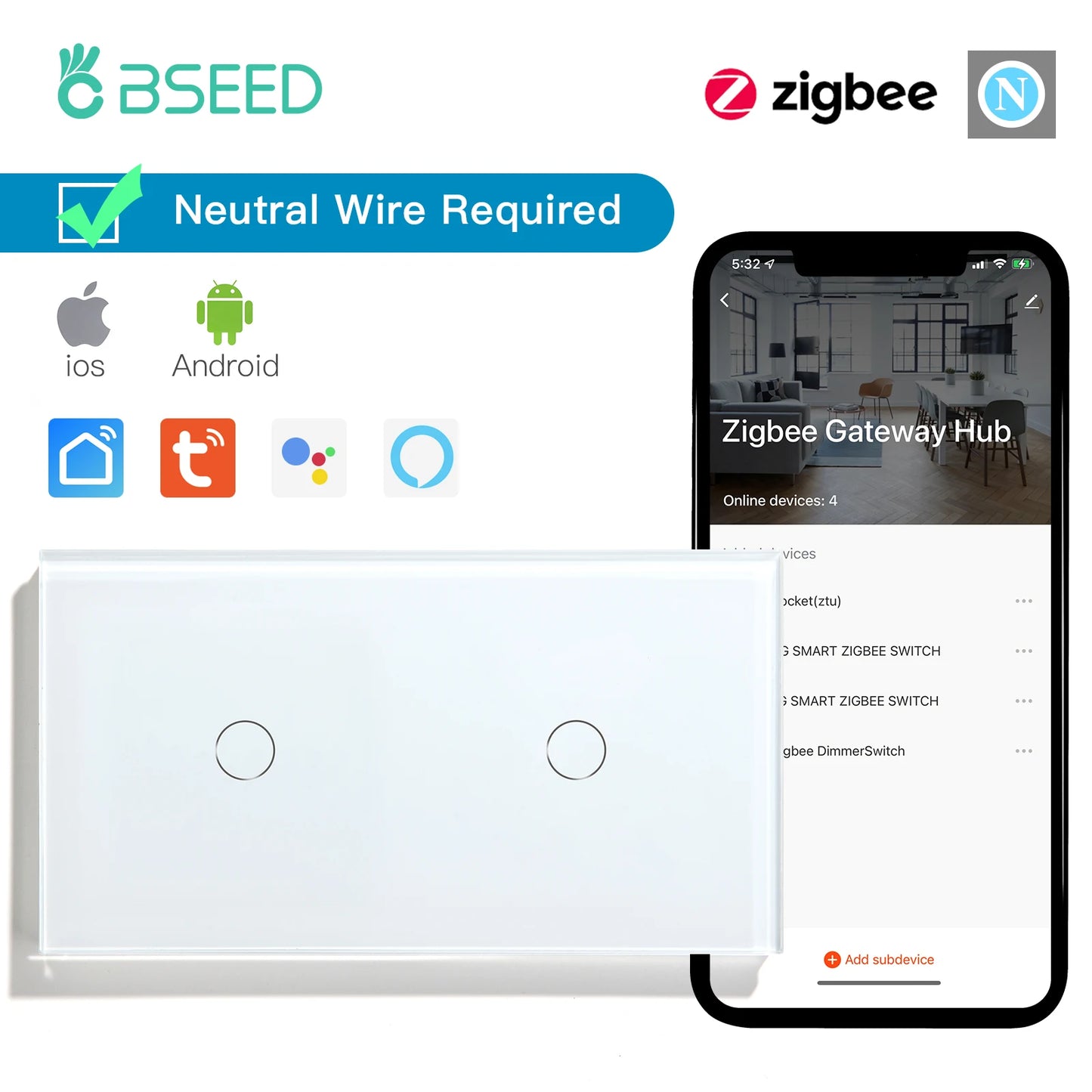 BSEED Zigbee 1/2/3Gang Touch Light Switches 1/2/3Way Tuya Smart Life Alice App Control Plus Normal EU Sockets Neutral Required