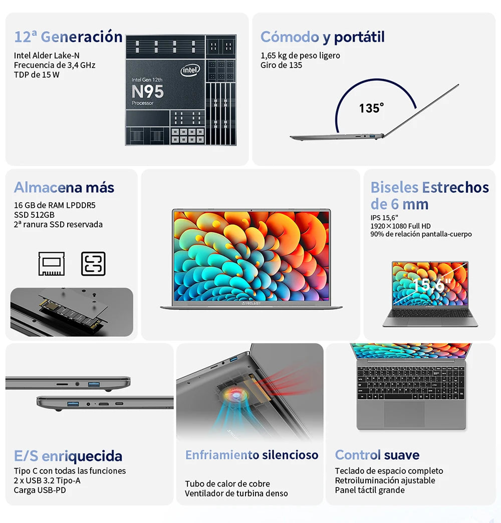 TECLAST F16Pro Laptop 15.6 inch, 16GB RAM 512GB SSD Computers, for Intel N95 CPU, IPS FHD 1080P Screen, WiFi 6, BT 5.0, USB3.2, Backlit Keyboard, 38000mWh
