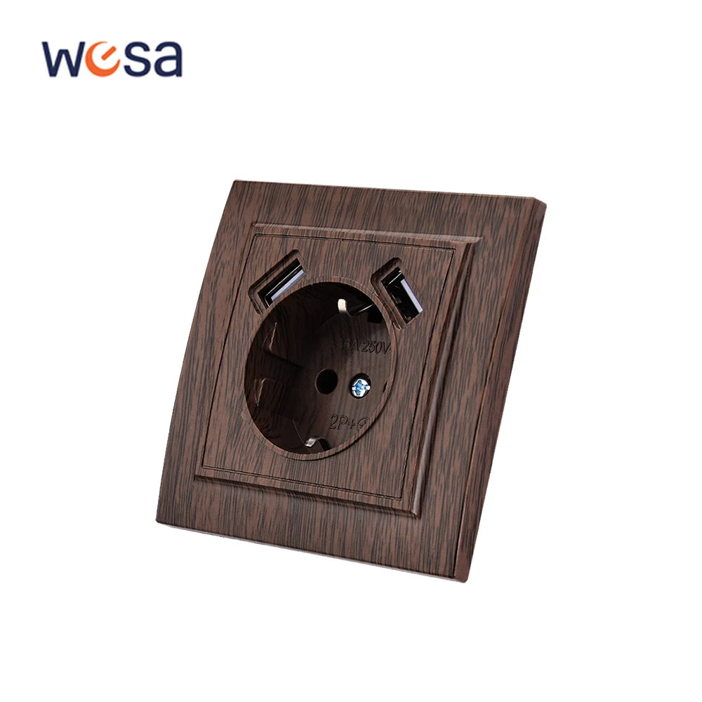 WESA Brown Wooden Wall Surface Socket Plugs Power 2 Socket Electrical Outlett Not Ground Flame Retardant Paint Plastic Sockets