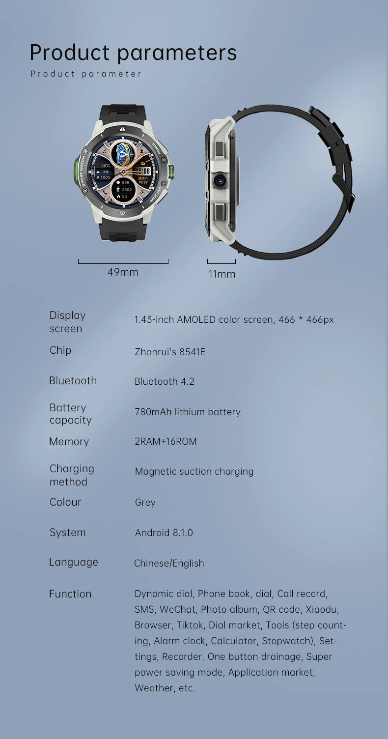 8+128GB Smart Watch 4G Network SIM Card 1.43''AMOLED 200W Camera with GPS Wifi Google Play 466*466 Screen Android for Men Women