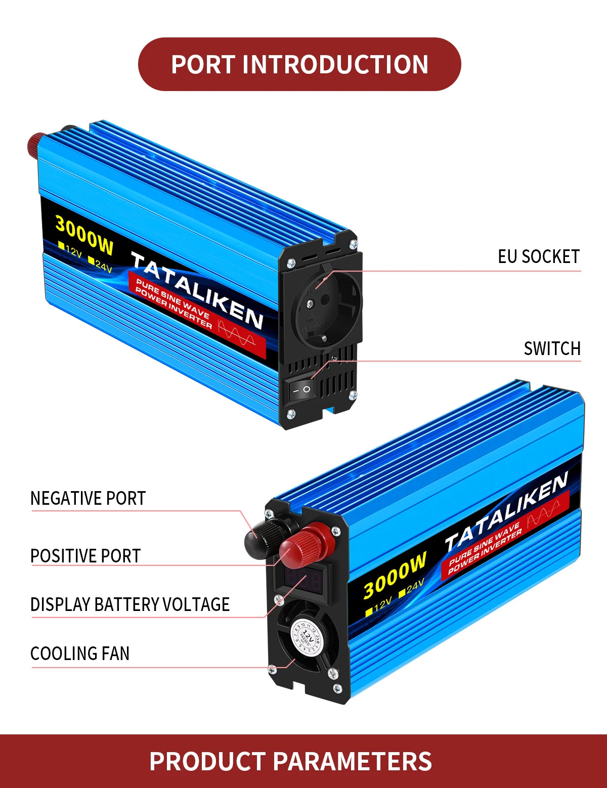 3000W Pure Sine Wave Power Inverter 12V to 230V 240V Car Converter Adapter with EU Outlets and Cooling Fan