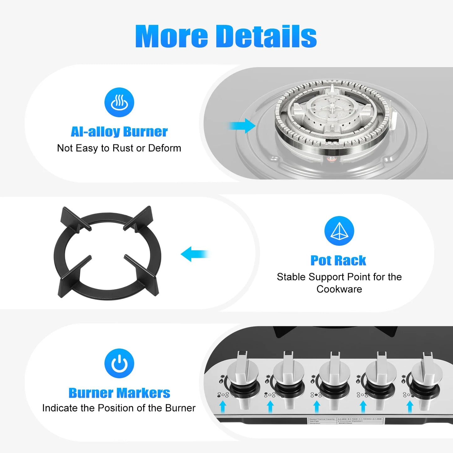35.4*20.1*2.4 Inch Kitchen Built-in Countertop Gas Cooktop with 5 Burners Tempered Glass Panel Easy to Clean Quick Start