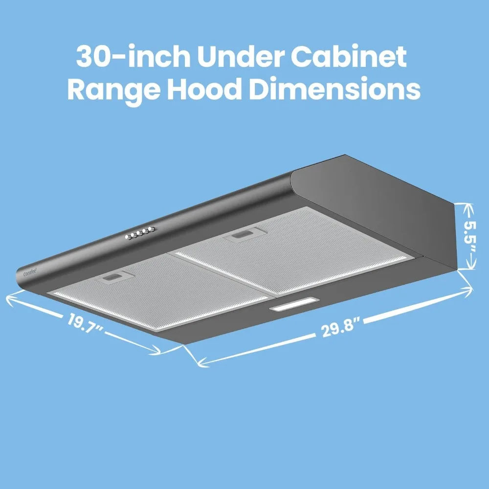 Range Hood 30inch,Under Cabinet Ducted/Ductless Convertible Slim Vent Hood,Stainless Steel,3 Speed Exhaust Fan and 2 LED Lights