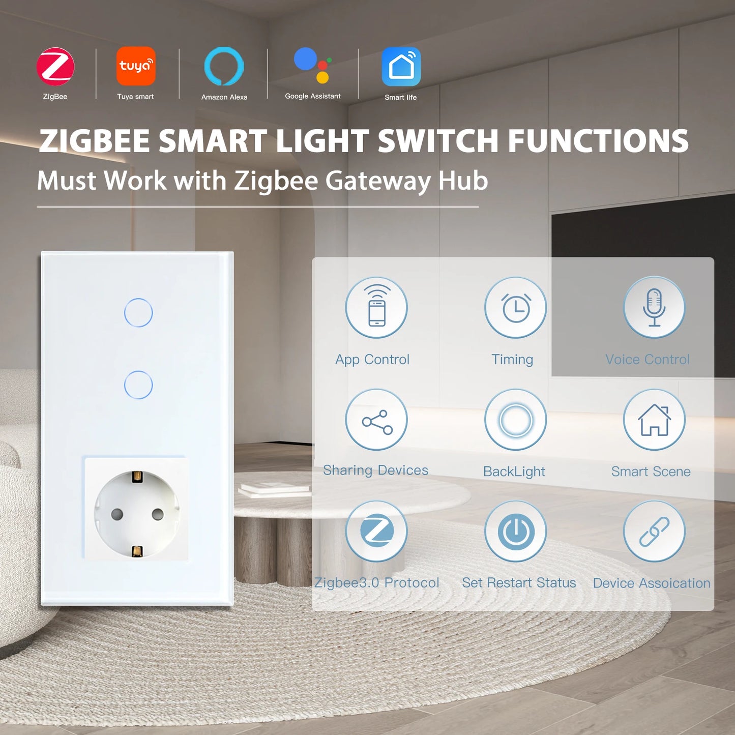 BSEED Zigbee 1/2/3Gang Touch Light Switches 1/2/3Way Tuya Smart Life Alice App Control Plus Normal EU Sockets Neutral Required