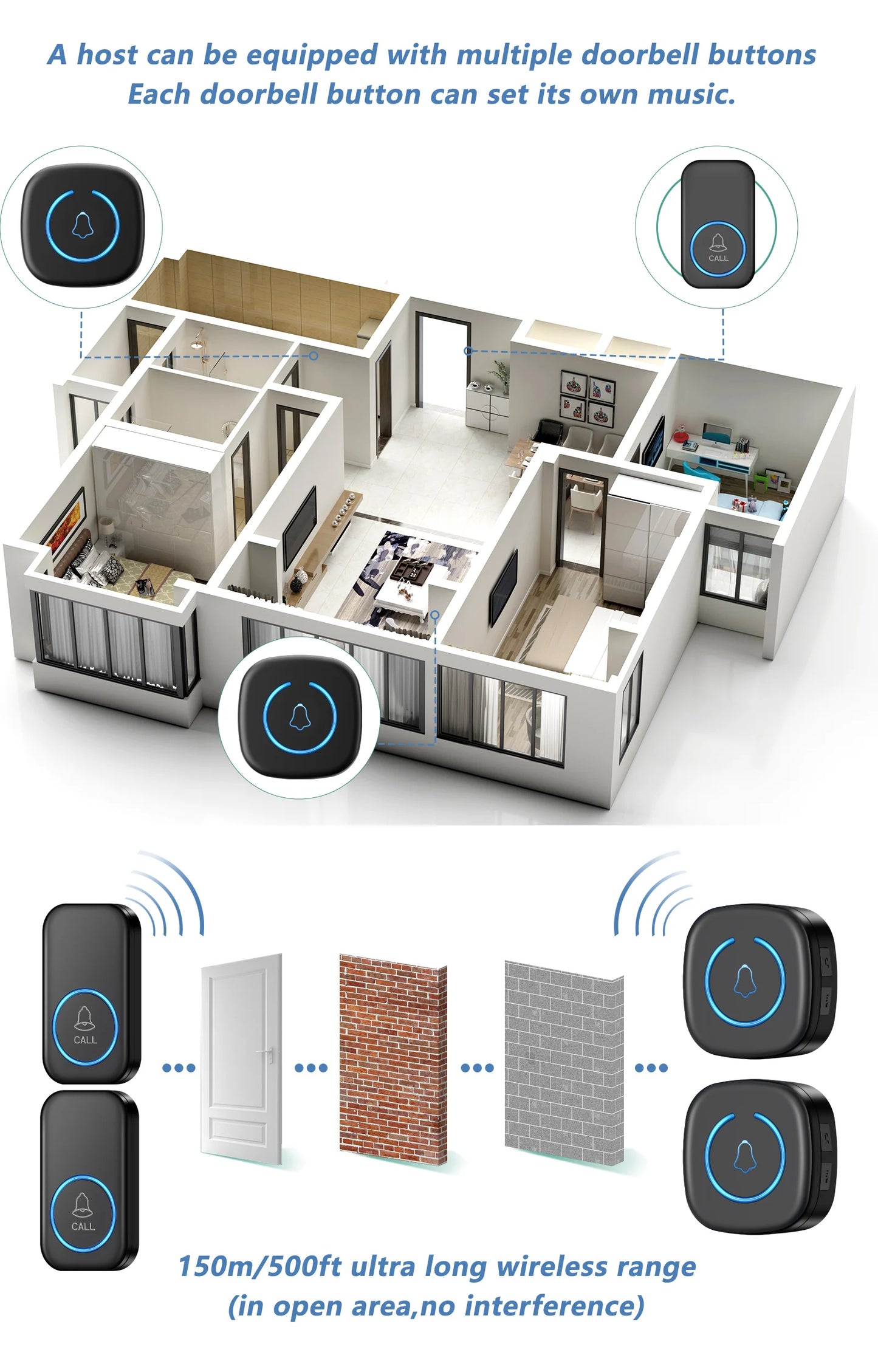 Wireless Doorbell Intelligent Welcome Door Bell 300M/984 FT Remote 60 Songs Melodies Home Smart Doorbell US EU Plug Optional