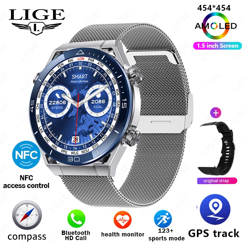 LIGE GPS Smart Watch Men 454*454 HD resolution Voice Calling NFC Watches Compass IP68 Waterproof ECG+PPG Smartwatch For Huawei