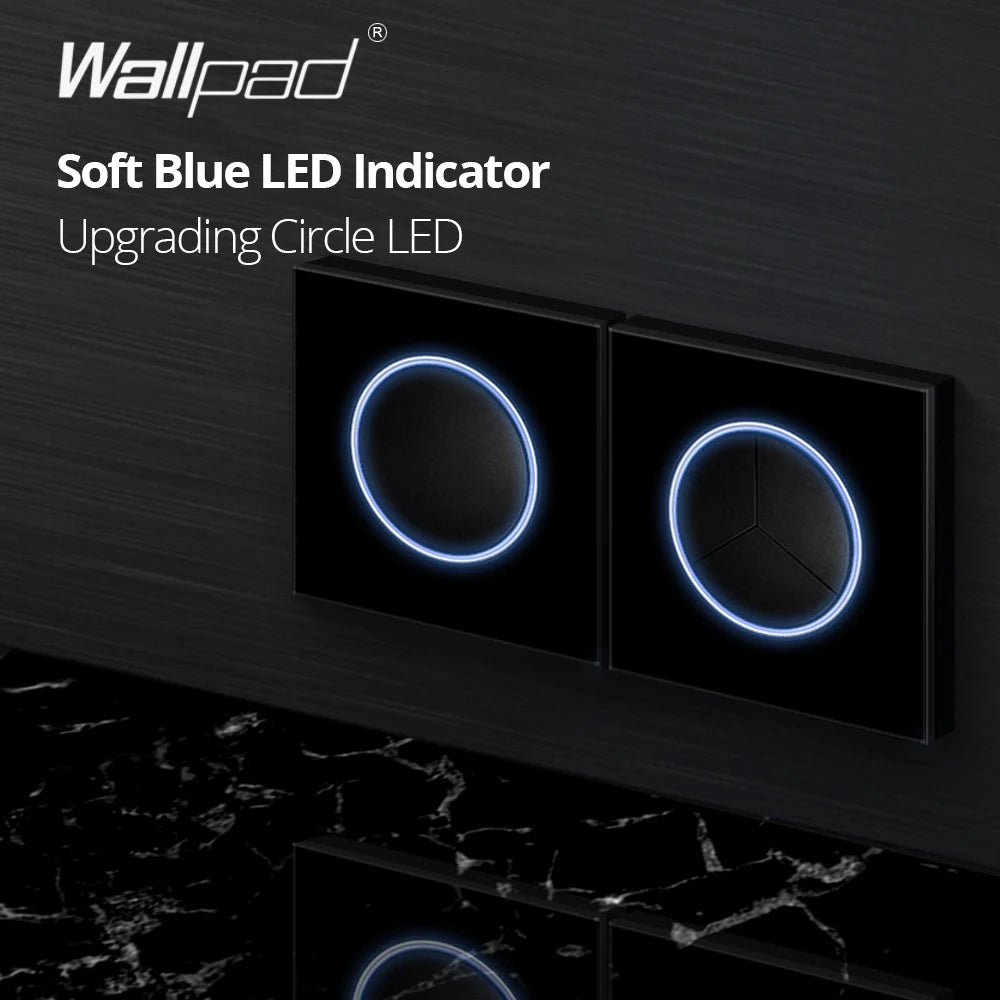 Wallpad Black Glass Panel With Large Circle Blue LED Indicator Wall Light Switch and Socket Round Button Electric Outlet