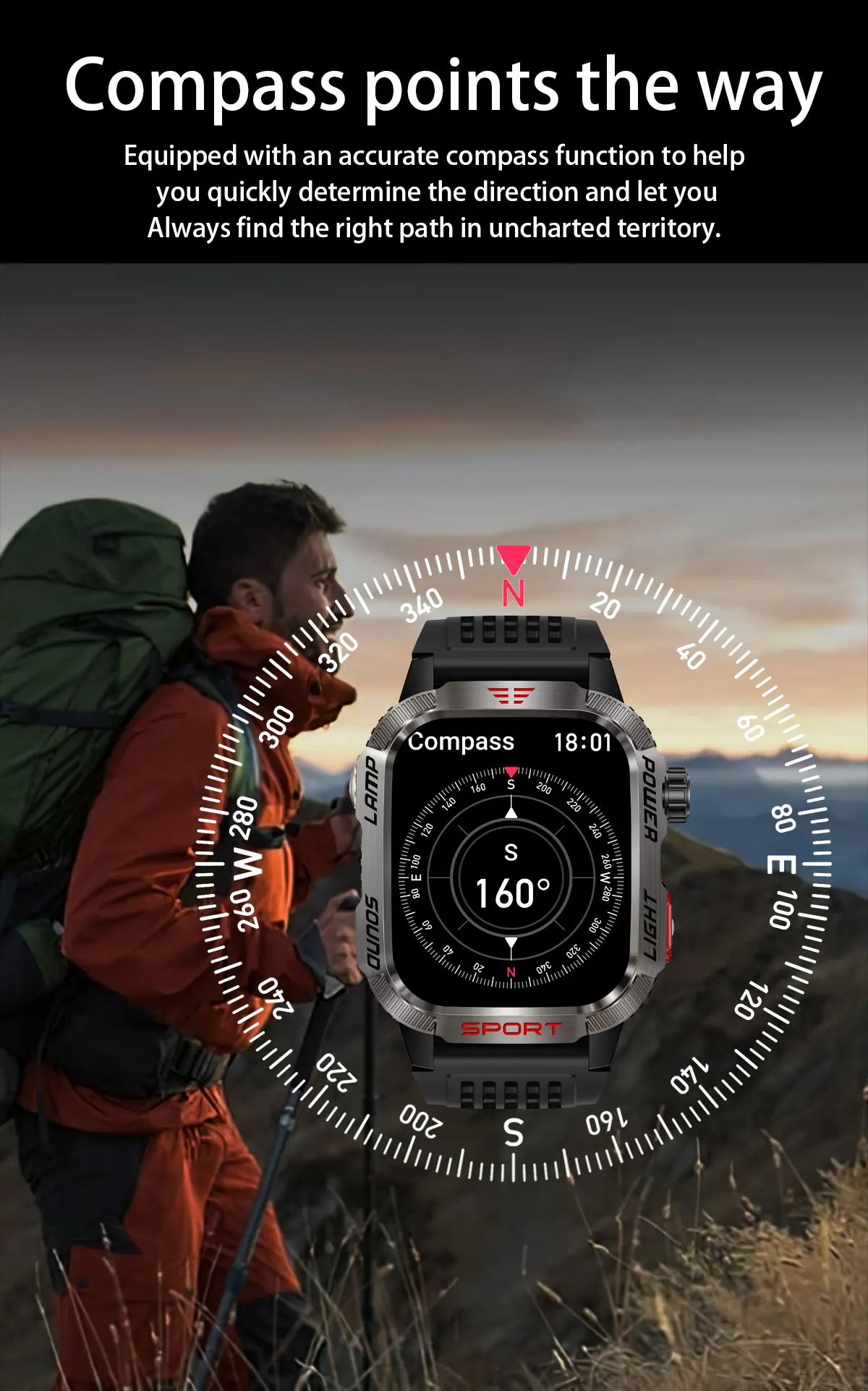 New Military Sports Smartwatch Men Flashlight Compass Altitude Pressure Fitness Waterproof Bluetooth Talk Check Bill Smartwatch