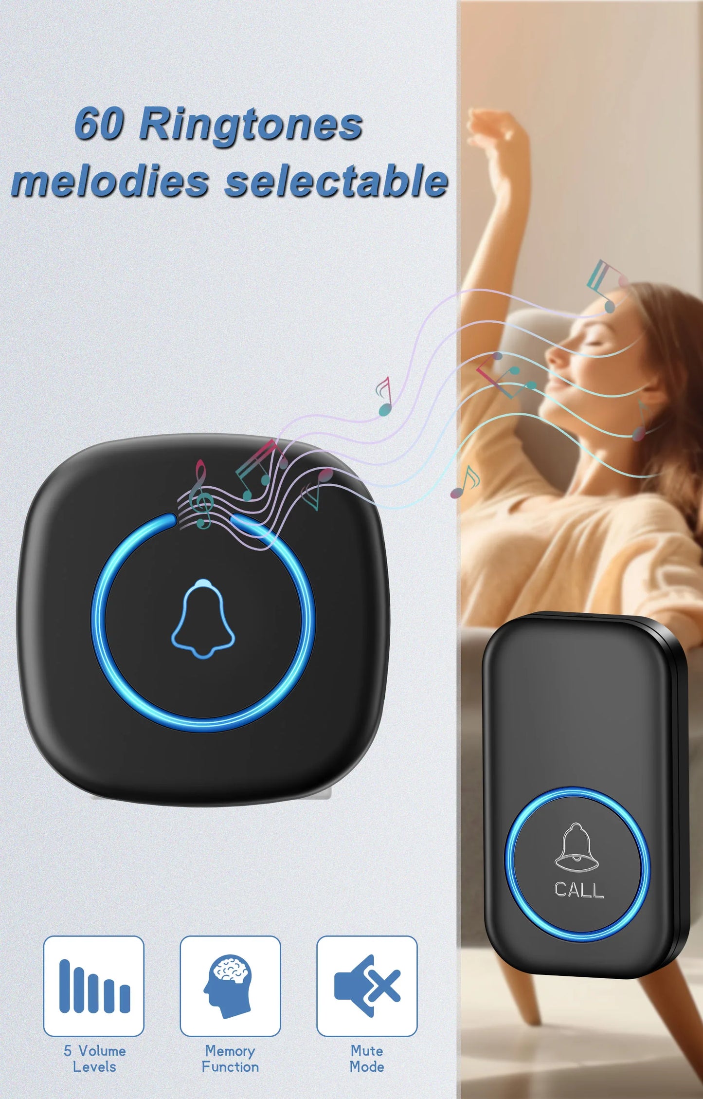 Wireless Doorbell Intelligent Welcome Door Bell 300M/984 FT Remote 60 Songs Melodies Home Smart Doorbell US EU Plug Optional