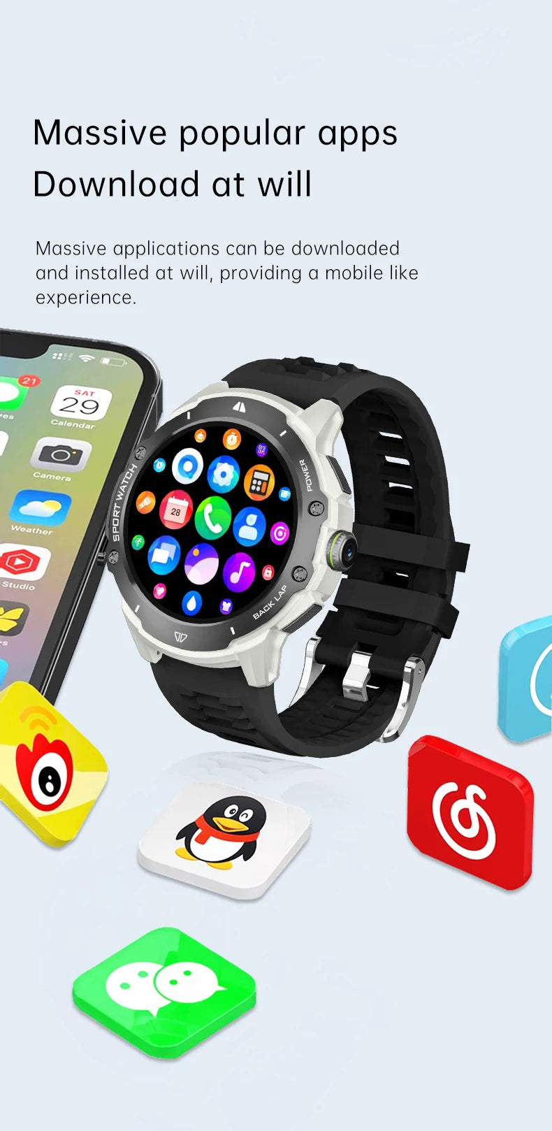 8+128GB Smart Watch 4G Network SIM Card 1.43''AMOLED 200W Camera with GPS Wifi Google Play 466*466 Screen Android for Men Women
