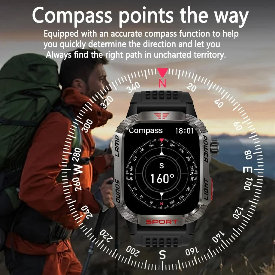 New Military Sports Smartwatch Men Flashlight Compass Altitude Pressure Fitness Waterproof Bluetooth Talk Check Bill Smartwatch