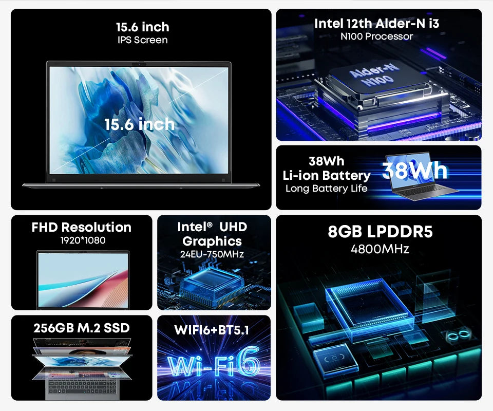 CHUWI GemiBook Plus Laptop 15.6'' FHD 1920 * 1080 16GB LPDDR5 512GB SSD Intel Alder Lake N100 WiFi 6 Windows 11 Laptops