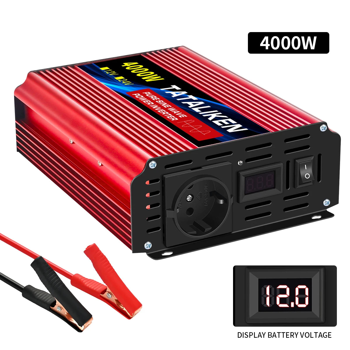 3000W Pure Sine Wave Power Inverter 12V to 230V 240V Car Converter Adapter with EU Outlets and Cooling Fan