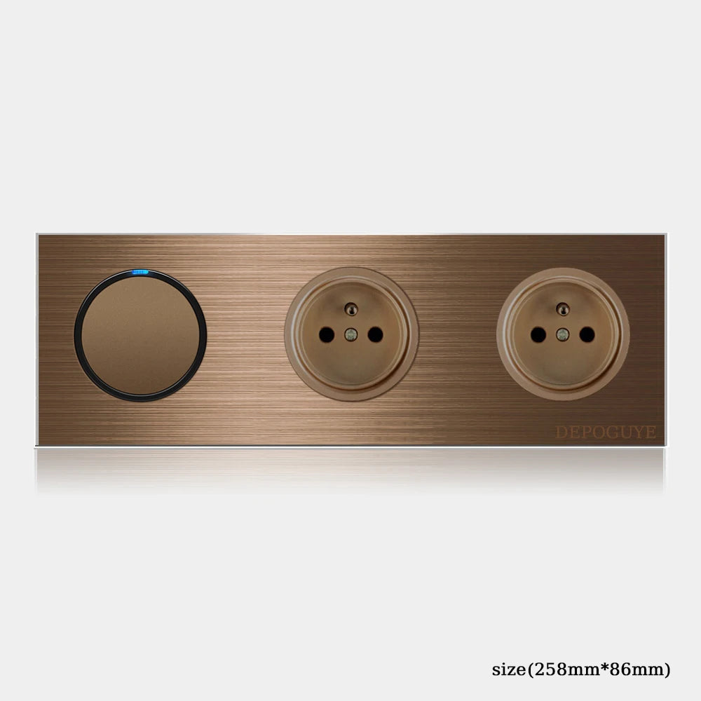 High quality coffee color universal Retro Eu FR 220V wall light switch,Reset button switch electrical socket with LED indicator