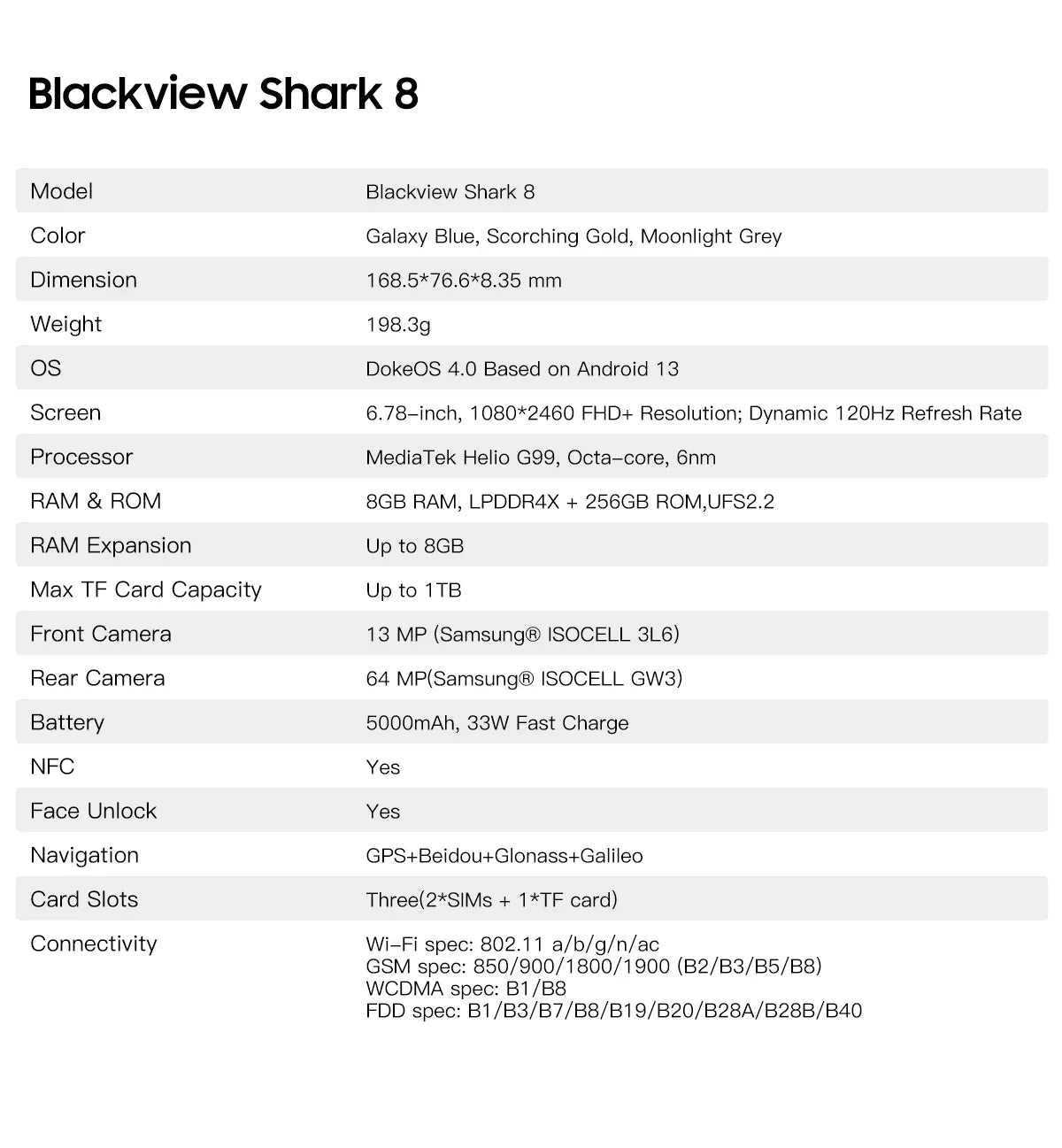 Blackview SHARK 8 Machine Android 13 8GB 128GB/256GB G99 6.78'' 120Hz 2.4K Display 64MP Camera
