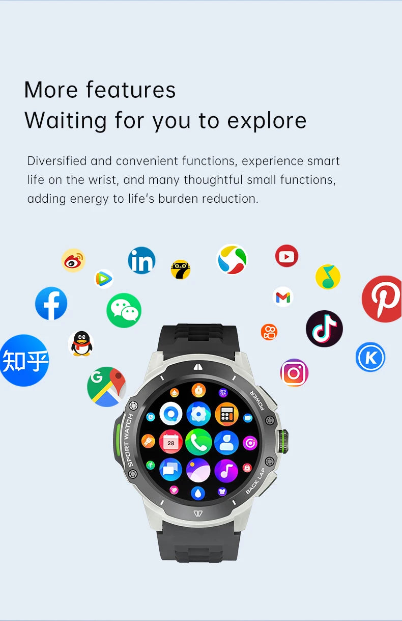 8+128GB Smart Watch 4G Network SIM Card 1.43''AMOLED 200W Camera with GPS Wifi Google Play 466*466 Screen Android for Men Women